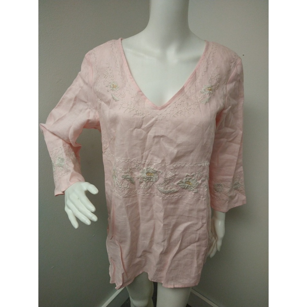 READ Nikki Valenti Womens 16 Irish Linen Pink Tunic Shirt Embroidered Sequin